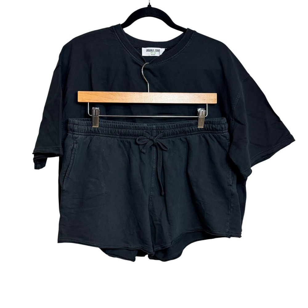 Double Zero Womens Black Cotton Boxy Crop Top and Drawstring Shorts Set Large